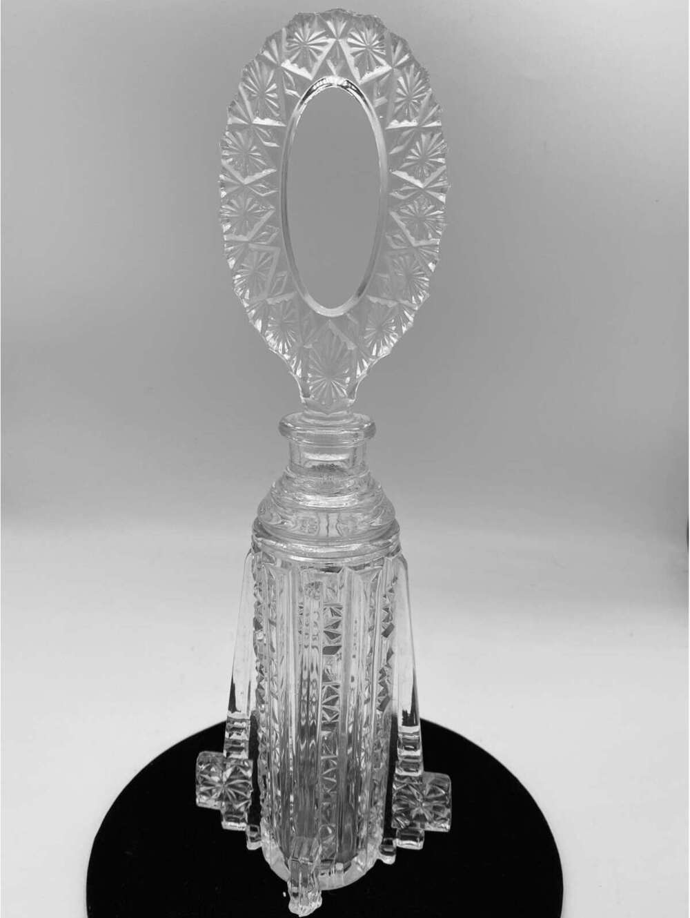 Vintage Pressed Glass Perfume Bottle Huge Circle Stopper Art Deco